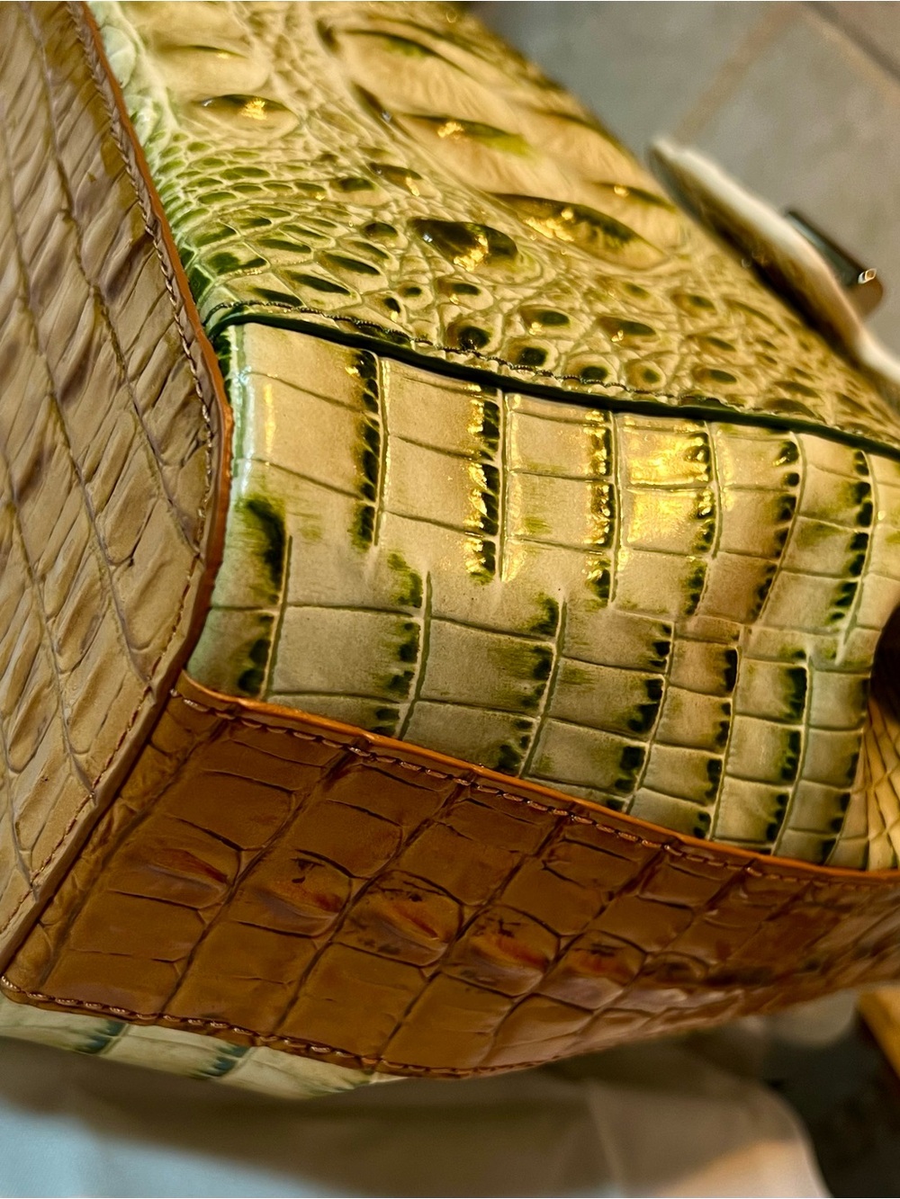 Brahmin Green and White Croc-Embossed Satchel with Gold Hardware - Picture 6 of 13